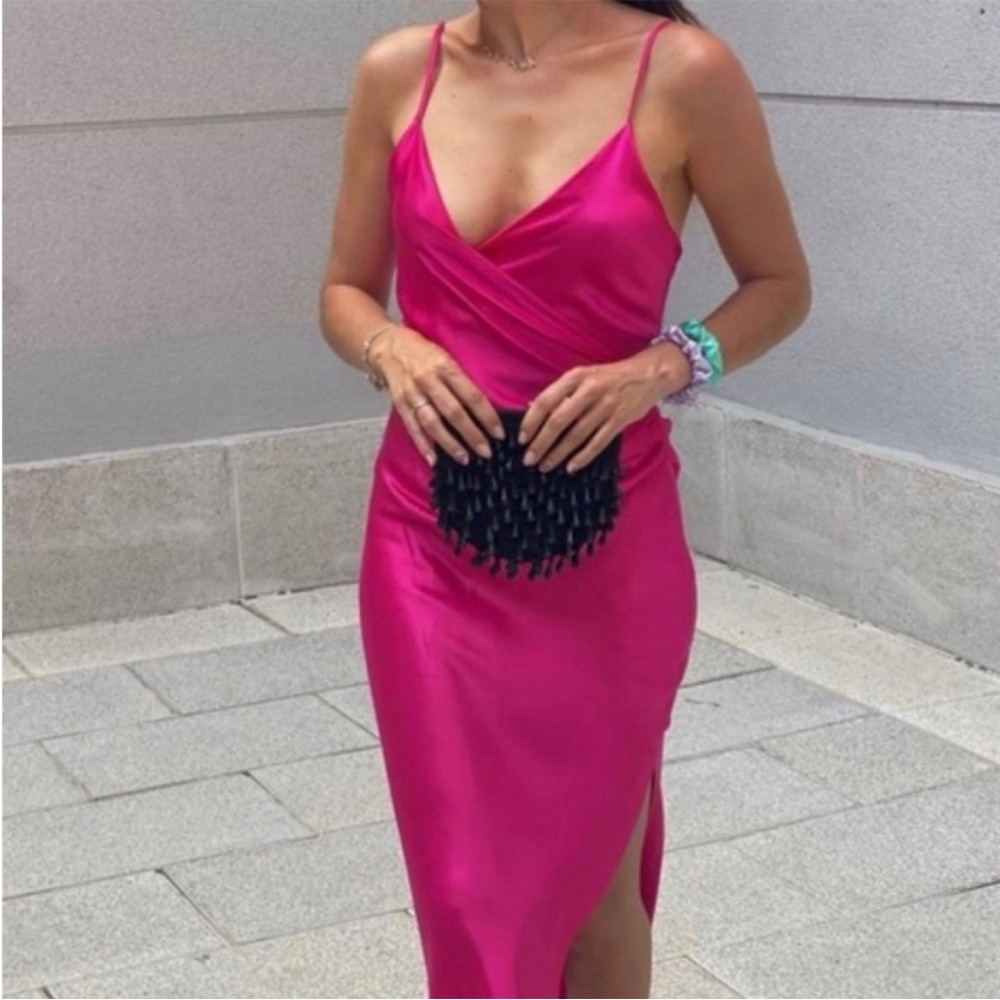 Zara hot pink satin midi dress fuchsia magenta berry silky faux wrap knee slit - Picture 7 of 14